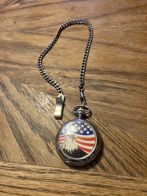 American Flag In God We Trust Pocket Watch Silver finish with Chain
