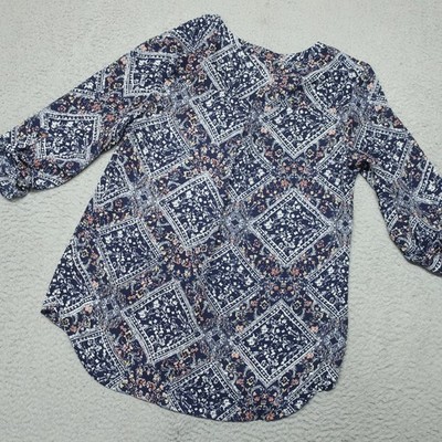 Maurices Blouse Top Womens M Blue Floral V-Neck Roll Tab Sleeve Round Hem Boho