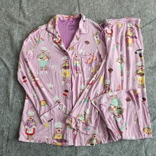 Nick Nora Sock Monkey Pajama Set Women's M Pink Purple Long Sleeve CUT HEM