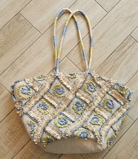 Boho Raffia Straw Tote Bag Embroidered Jute Cotton Beach Handbag Yellow Blue Lg.