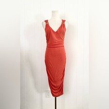 VERSACE Orange Ruched Sleeveless Bodycon Midi Dress Size 42 Designer Met Gala