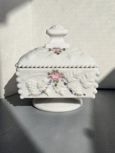 Vintage Westmoreland Hand Painted Milk Glass Roses Candy Dish