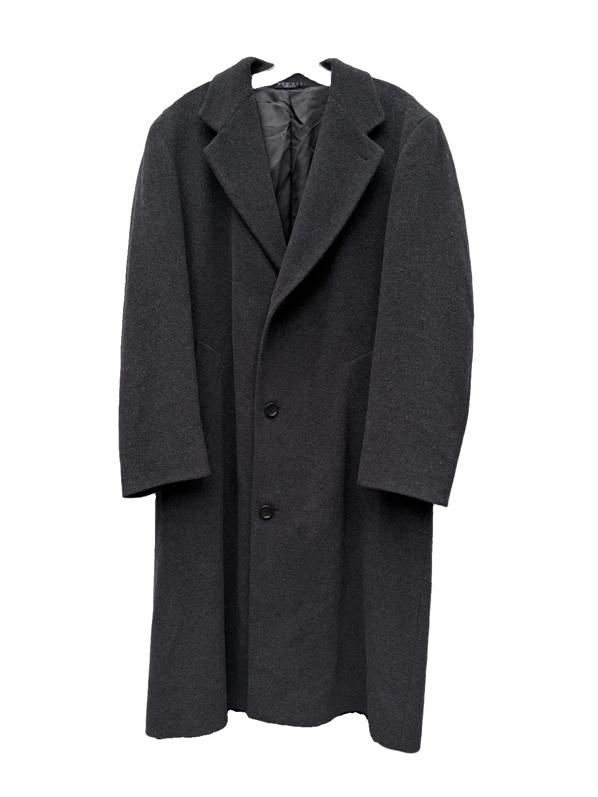 Vintage Hugo Boss Men's Gray Long Wool Overcoat Size 40L Lined Pockets Notch - product detail image 1