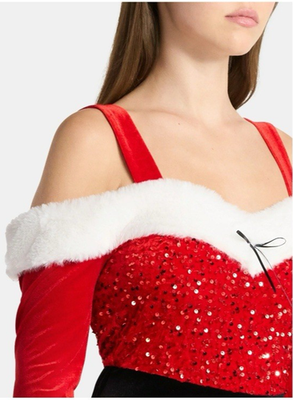 No Boundaries Off The Shoulder Christmas Holiday Dress with Faux Fur, Womens