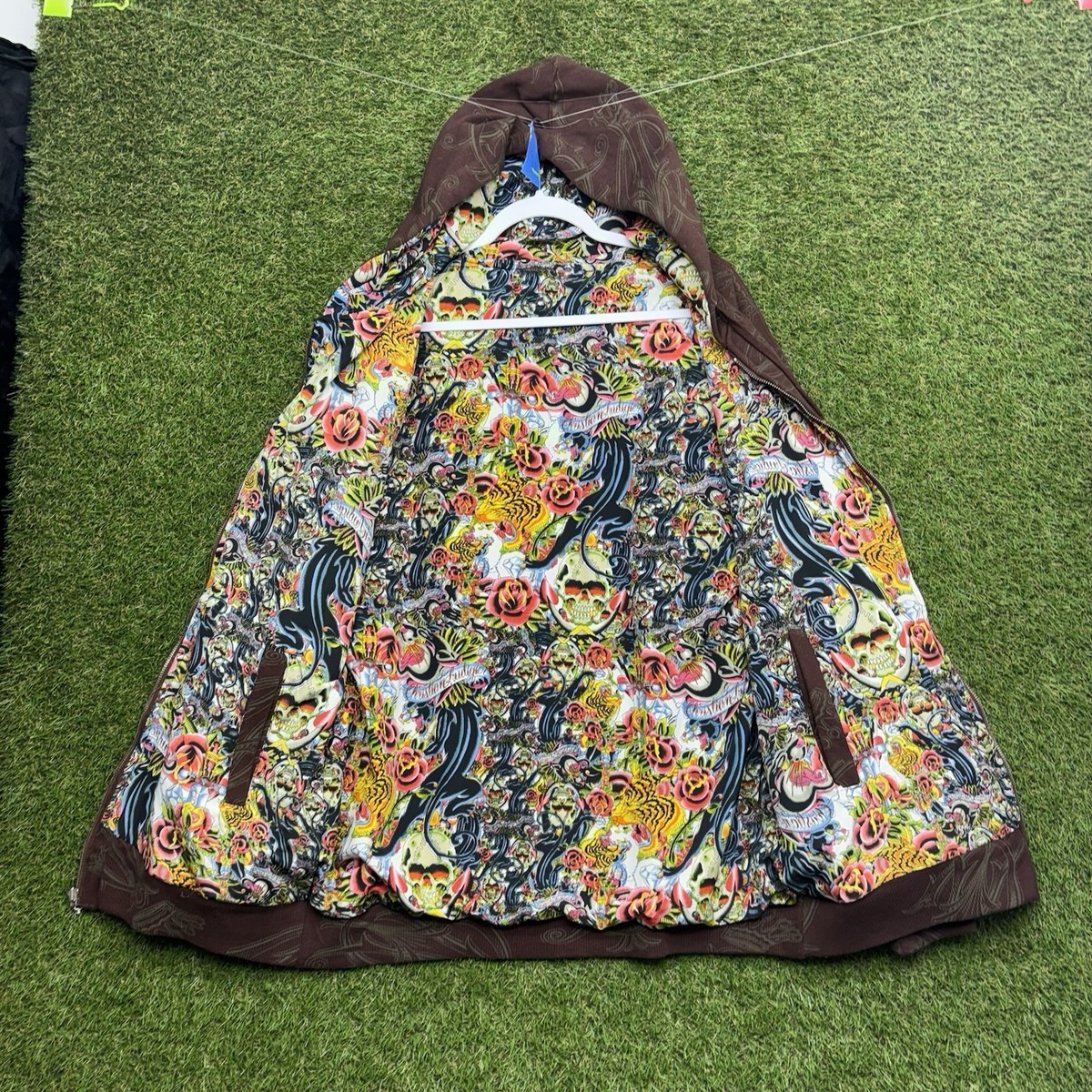 Vintage ED HARDY Christian Audigier Hoodie Mens Large AOP