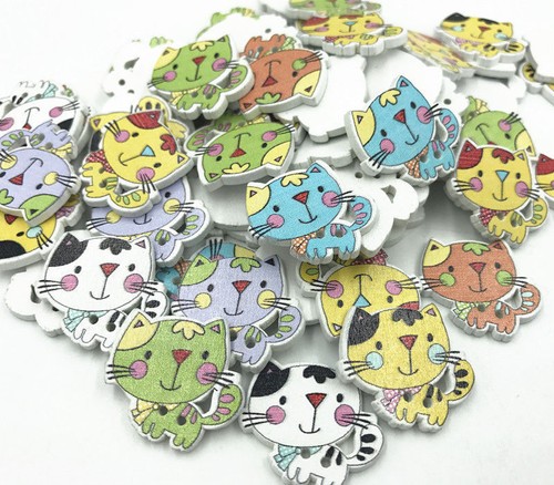 Wooden Cartoon Cat Buttons Sewing Scrapbooking Crafts Accessories 24mm - Picture 2 of 4