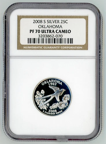 2008-S Silver Proof Oklahoma 25C NGC PF70 UCAM State Quarter Ultra Cameo