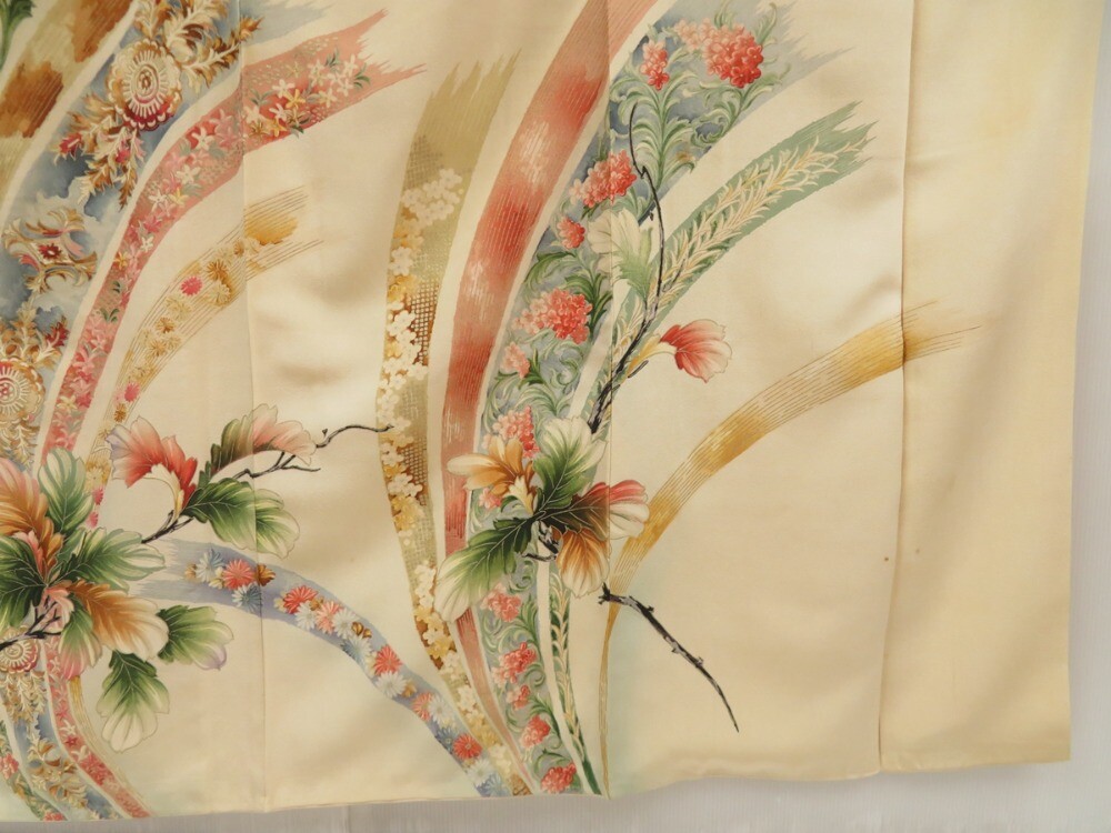 5025T04z780 Vintage Japanese Kimono Silk TSUKESAGE Flowers Sand
