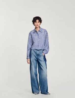 Womens Sandro streak lapel jacket Hollow out Diamond moulding Shirt Top