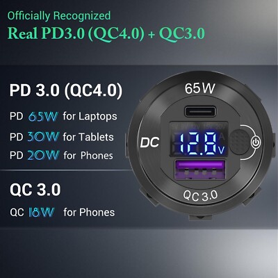 12V-24V USB Outlet USB C Laptop Car Charger Aluminum Smart Voltmeter for RV Boat
