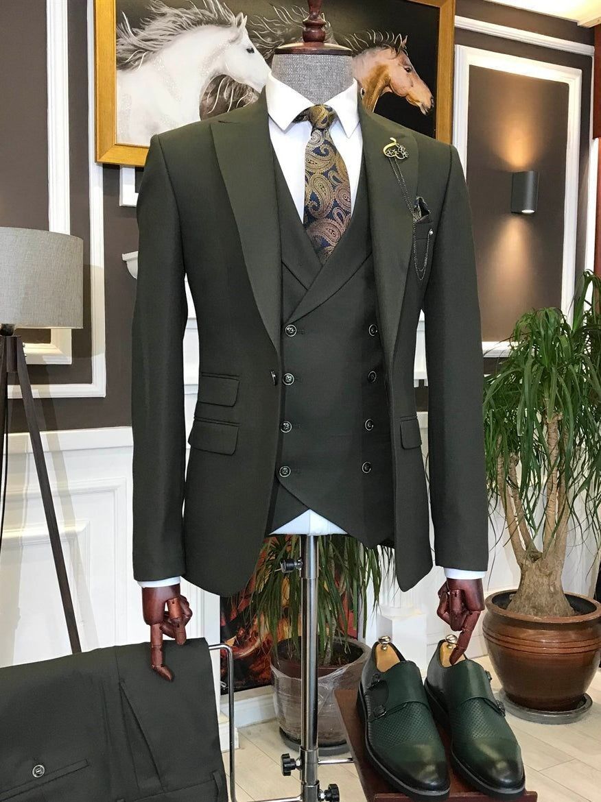 Dark Green Men Suit Peak Lapel Groom Party Prom Dinner Tuxedo Wedding Suit