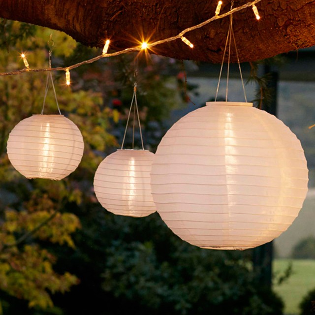 Set of 3 Warm White LED Solar Powered Chinese Lanterns by Lights4fun