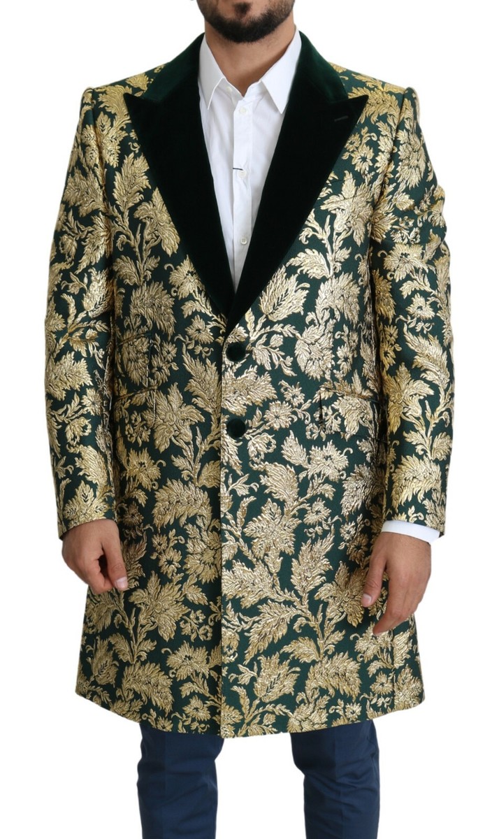 DOLCE & GABBANA Jacket SICILIA Green Gold Jacquard Long Coat IT52