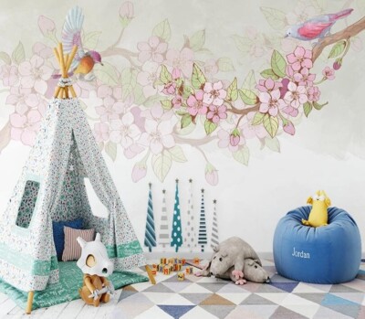 3D Pink Bird Branch ZHUA25900 Wallpaper Wall Murals Removable Self-adhesive Ann