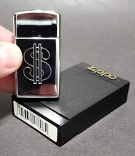 Vintage 1997 Slim Dollar Sign Chrome Zippo Lighter - New - Niagara Falls Insert