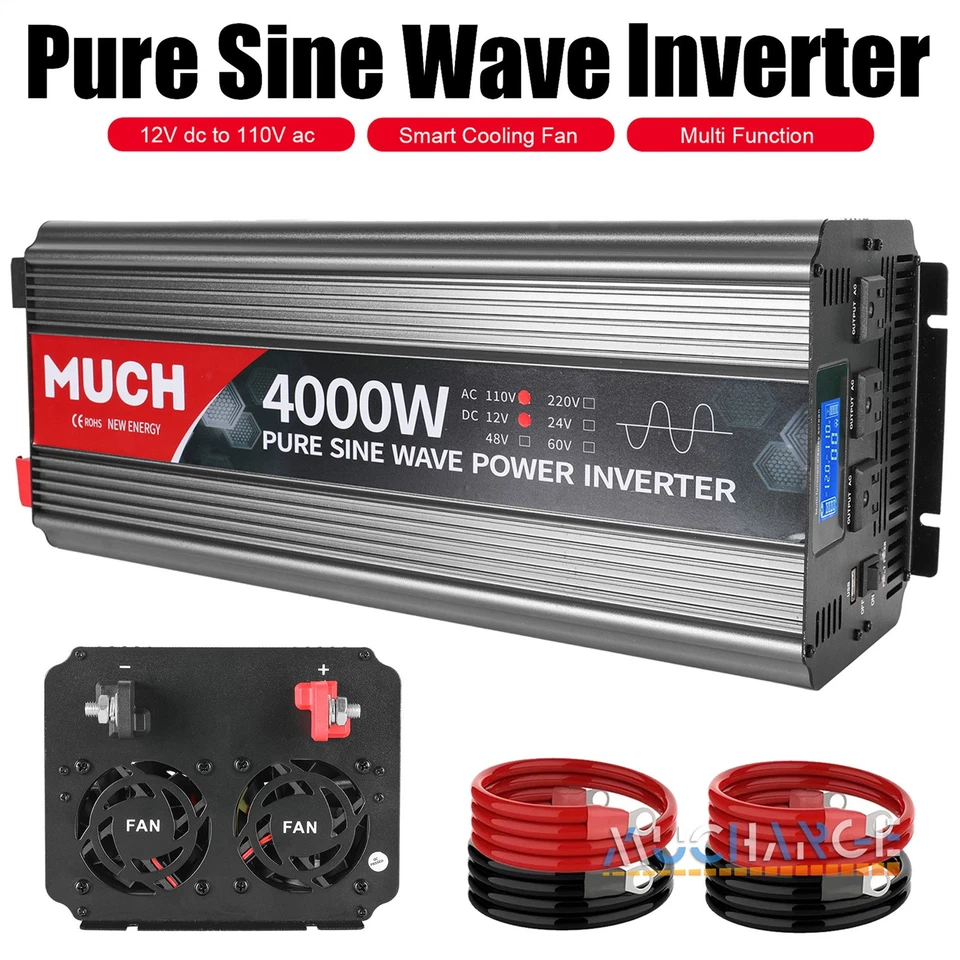 Inversor de potencia de onda sinusoidal pura 1500W 3000 4000 vatios 12V 24V dc a 110V 120V ac LCD Foto 2 de 4