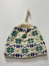Vintage Vermont Originals 100 Wool Snowflake Beanie Ski Hat Cream Blue Green