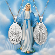 Silver Virgin Saint St Mary Miraculous new Pendant picture on each side necklace