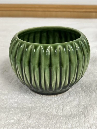 Vintage McCoy Pottery Planter Green Drip Glaze Ribbed Melon Shape MCM 3.75X5.25