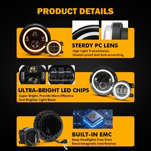 7" Headlight Hi Lo+4"Fog For Jeep Wrangler JK JKU 07-17 TJ 97-06 DRL Turn Signal - Picture 6 of 12