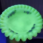 Fenton Compote Custard Glass Ruffled Satin Uranium Signed Hand Painted Daisy
