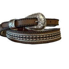 Western Belt with Heart Shaped Conchos Womens XL Brown and Tan Silver Buckle