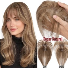 Clip in Hair Toppers 100 Real Human Hair with Bangs Hairpiece Natural Lace Base