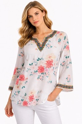 Linda Anderson Women XXL Floral Boho Peasant Blouse White Rayon Embroidered Top