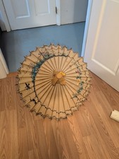 Vintage Chinese Painted Bamboo Rice Paper Parasol Umbrella