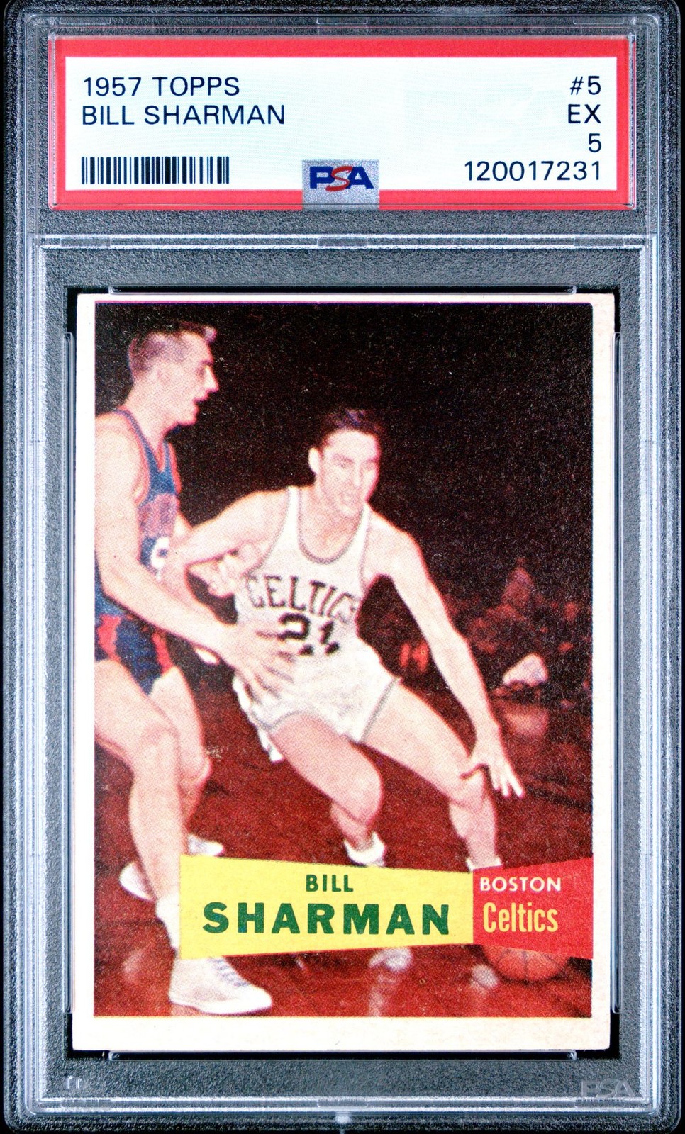 1957 TOPPS BASKETBALL #5 BILL SHARMAN, PSA 5 EX (FRESHLY GRADED)ROOKIE CARD, HOF