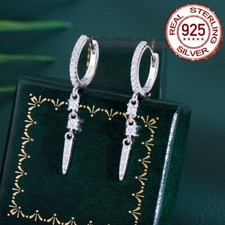 Women Fashion Cubic Zirconia Dangle Drop 925 Silver Huggie Hoop Earrings Jewelry