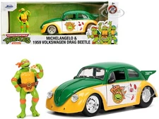 1959 VOLKSWAGEN DRAG BEETLE & MICHELANGELO FIGURE "TNMT" 1/24 DIECAST JADA 33741