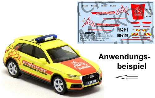 Mickon 60020 decals Audi Q5 LNA senior emergency doctor Bremen suitable Herpa 1:87 H0