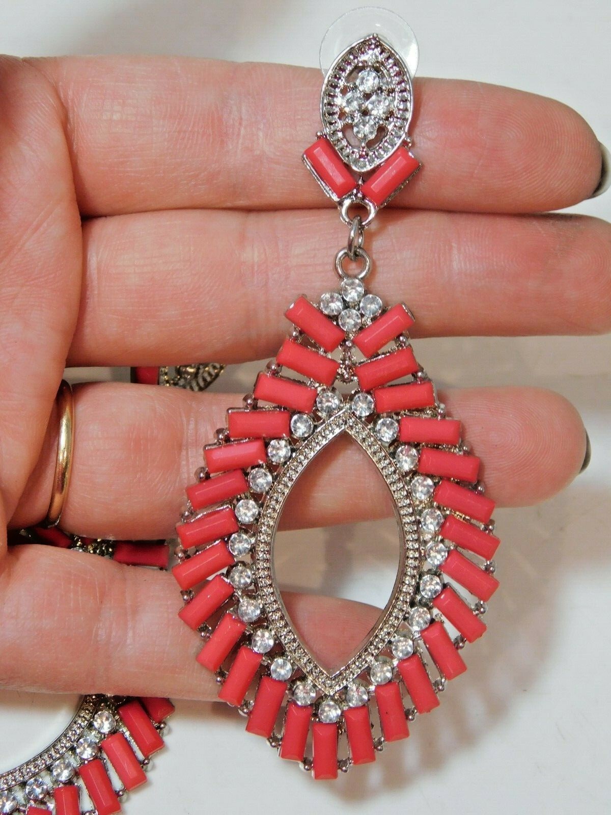 Huge Red Silver Tone Leaf Designed Rhinestone Dan… - image 3