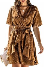 ⛱️SUMMER SALE🏖️2X Women DRESS Fashion Faux Wrap Swiss Dot V-Neck High Waist BRN