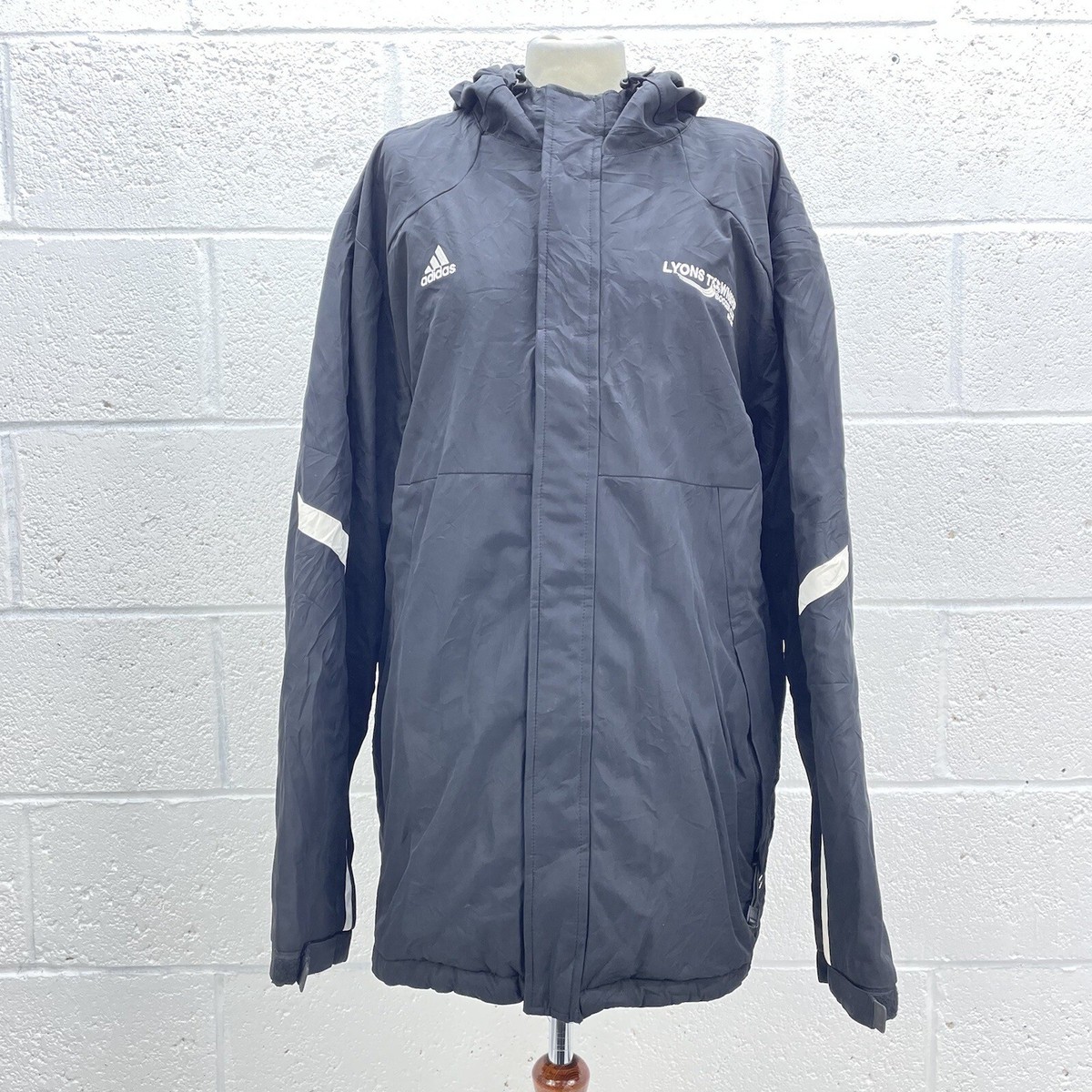ADIDAS VINTAGE BLACK COAT LYONS TOWNSHIP THICK WINDBREAKER HOOD UK
