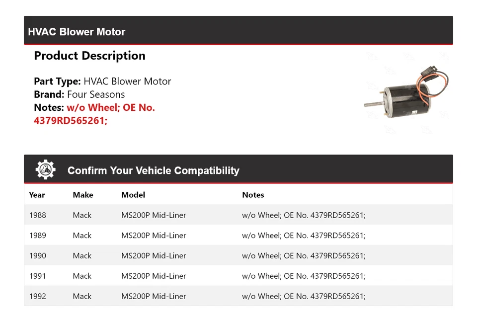 For 1988-1992 Mack MS200P Mid-Liner HVAC Blower Motor 4 Seasons 1989 1990 1991 - Image 2 of 4