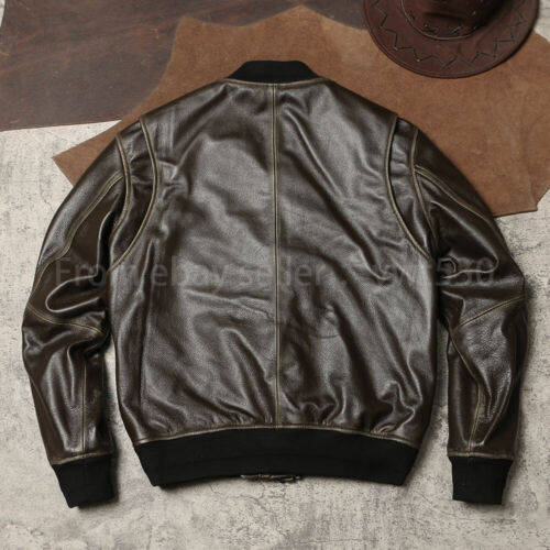 Unisex MA-1 Bomber Jacket Top Layer Cowhide Casual Jacket - Picture 2 of 16