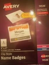 Avery  Garment Friendly  Clip Style Name Badges, Rectangular, 3" x 4", White, 50