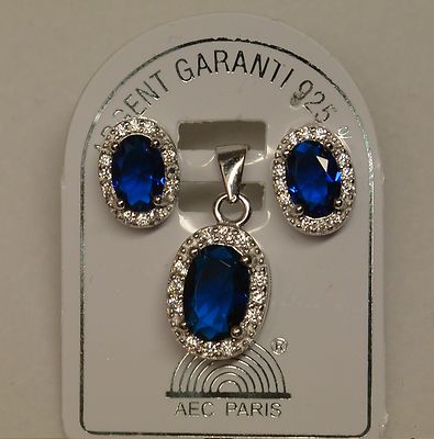 Parure 2 Pièces Rhodiée : Boucles D'oreilles Et Pendentif Saphir & Diamant Cz - Argent Dolly-Bijoux
