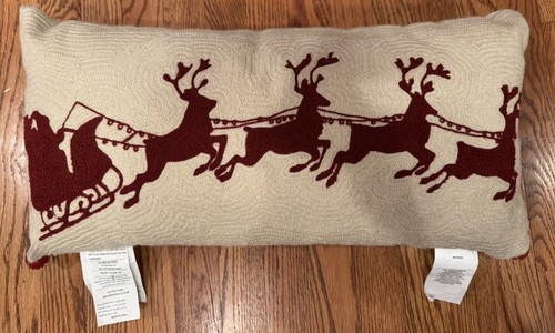 Pottery Barn Sleigh Bell Crewel Embroidered Lumbar Pillow Christmas Holiday EUC