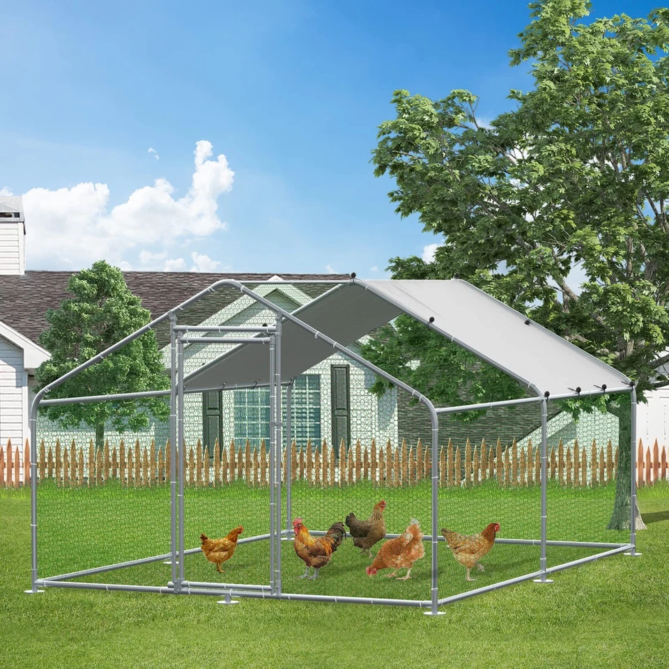MEETWARM Large Metal Chicken Coop Hen Run House Spire Walk-in Poultry Cage with Cover
