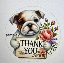 THANK YOU BULL DOG FLORAL ROUND LABELS STICKERS SEALS FLOWERS PARTY FAVORS 30