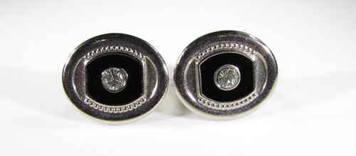 Silberfarbene Manschettenknöpfe oval mit klarem Strass Akzent in schwarzer Intarsie - Bild 5 von 10