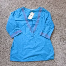 NWT India Boutique Medium Aqua Pink Silver Trim Tunic Top Cotton Side Slits