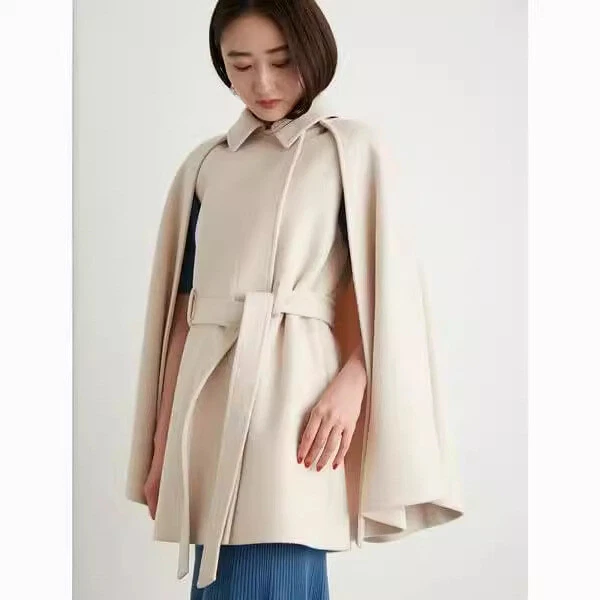 Lapel Belted Slim-fitting Removable Cloak Mid Long Women's Vest Coat Cape Poncho - Image 4 of 4