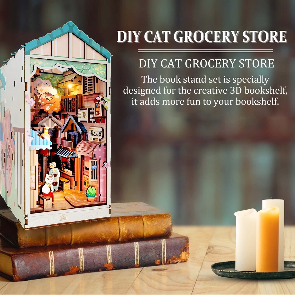 DIY Book Nook Kit 3D Wooden Puzzle Bookshelf Insert Decor with LED