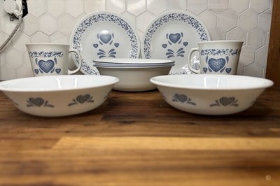 Corelle Country Heart Blue 10pc Lot Dinner Plate Bowls&Mugs Vintage 1980 Corning