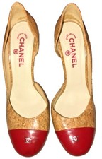 CHANEL Beige Glazed Cork Red Patent Leather Cap Toe CC Pumps SZ 40.5