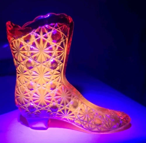Vintage Fenton Glass Amberina Daisy Button High Top Shoe Boot Cadmium UV Glow